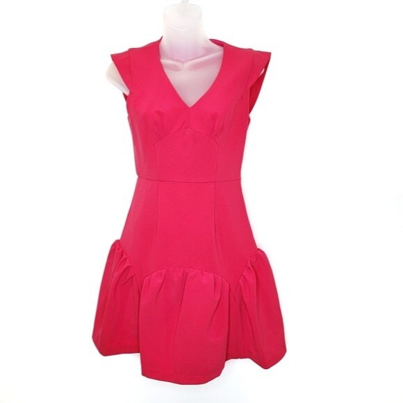 Hot Pink Crepe Fluted Hem V-Neck Cocktail Dress - Picture 2 of 7